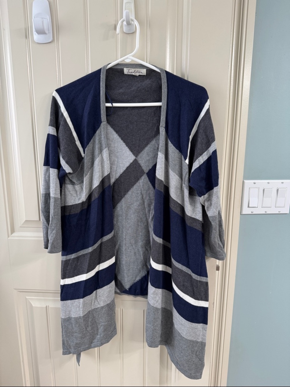 Open-Front Navy and Gray Striped Cardigan Sweater